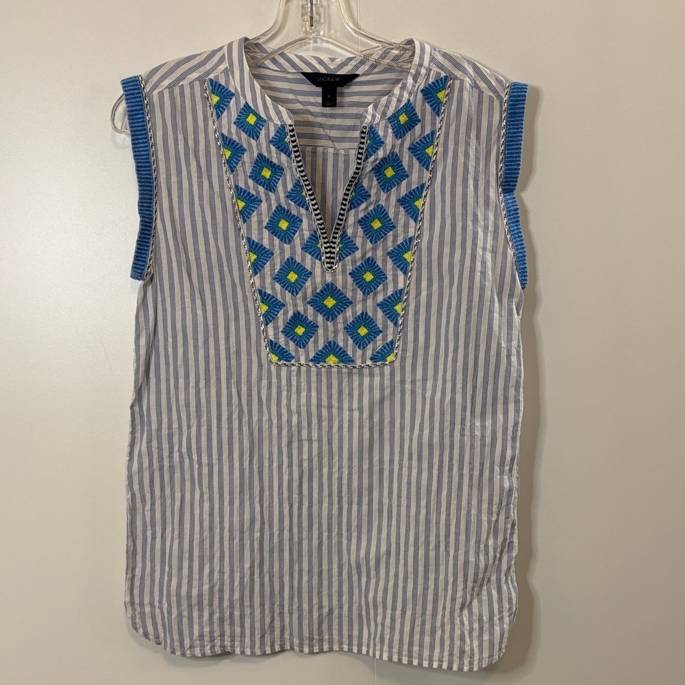 J. Crew Blue and Yellow Embroidered Striped Blouse 2